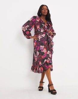 Floral Foil Printed Wrap Midi Dress