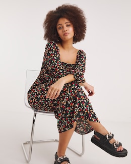 Ditsy Print Long Sleeve Shirred Midi Dress