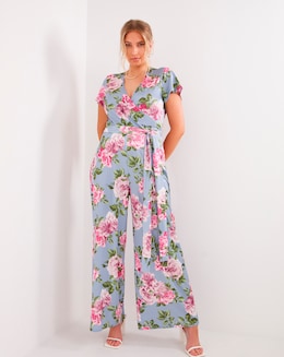Blue Floral Stretch Satin Twill Wide Leg Tie Front Jumpsuit