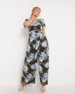 Black Floral Stretch Satin Twill Wide Leg Tie Front Jumpsuit