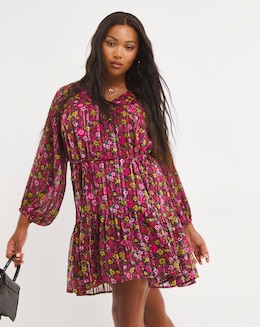 Floral Print Metallic Thread Detail Swing Dress
