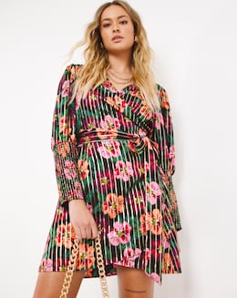 Floral Foil Print Shirred Cuff Sleeve Wrap Skater Dress