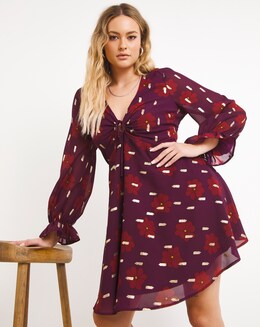 Plum Floral Tie Front Skater Dress With Gold Foil