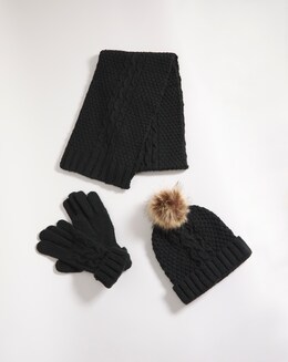 Black Knit Scarf Beanie &amp; Glove Set