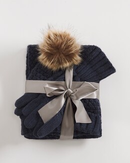 Navy Knit Scarf Beanie &amp; Glove Set
