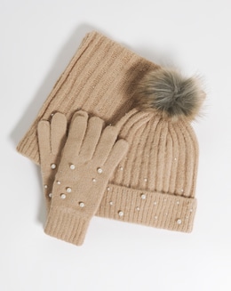 Camel Embellished Hat Scarf &amp; Glove Set