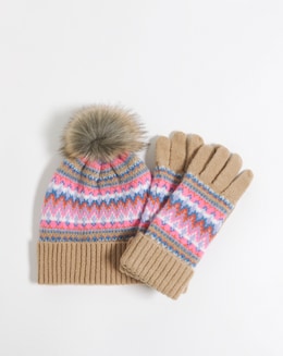 Camel Fairisle Bobble Hat &amp; Glove Set