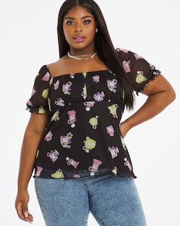 Multi Print Mesh Puff Sleeve Top