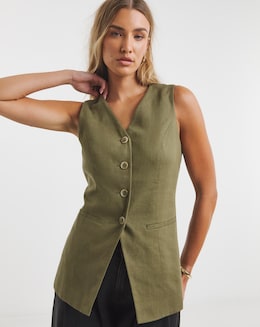 Khaki Linen Blend Longline Waistcoat