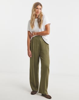 Khaki Linen Blend Wide Leg Trousers