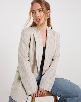 Neutral Linen Blend Pinstripe Blazer