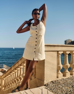 Pinstripe Premium Linen Blend Tailored Dress