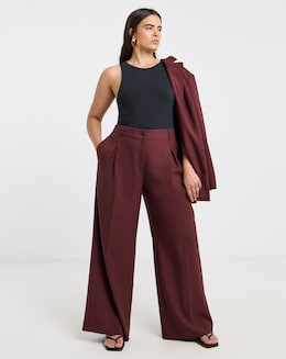 Burgundy Elastic Back Pleated Wide Leg Trouser