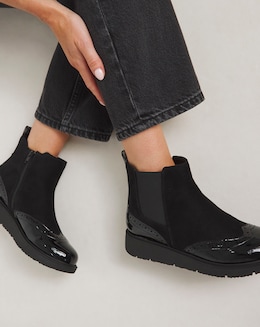 Heavenly Soles Debbie Low Wedge Chelsea Boots with Broguing Extra Wide EEE Fit