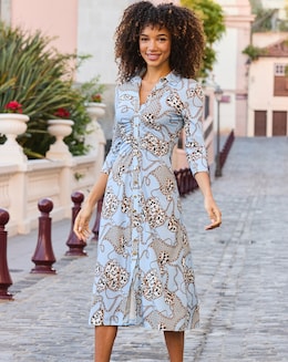 SOSANDAR BLUE PRINT RUCHED MIDI DRESS - Image