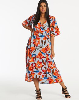 Neon Rose Floral Wrap Midi Dress