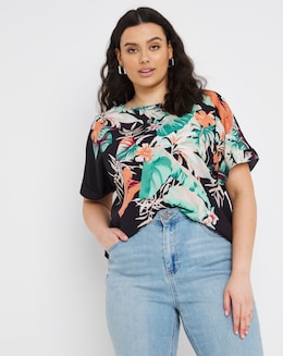 Orange Tropical Print Button Detail Boxy Top