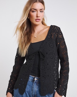 Black Crochet Tie Front Cardigan