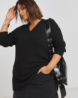 Black Slouchy V Neck Longline Jumper