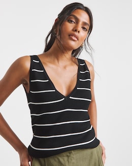 Black and White Stripe V Neck Ribbed Knit Vest