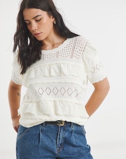 Ivory Pointelle Broderie Mix Knitted Top