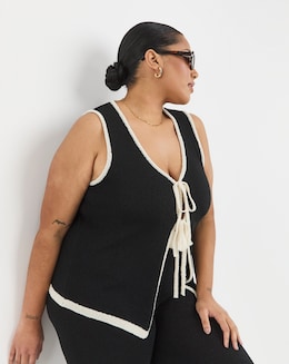 Black &amp; White Contrast Tie Front Waistcoat