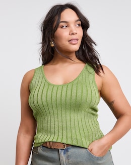 Green Metallic Rib Knit Vest Top