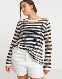 Black &amp; White Hole Knit Stripe Tunic