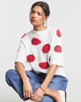 Ivory Strawberry Print Half Sleeve Knitted Tee