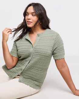 Sage Pointelle Short Sleeve Cardigan