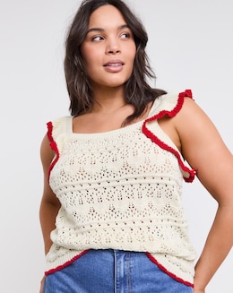 Ruffle Knitted Vest with Contrast Hem