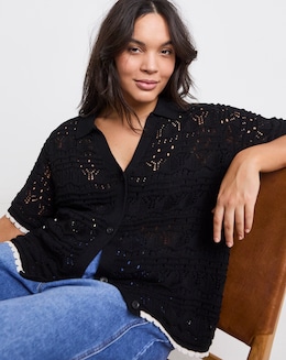 Pointelle Collared Knit Top