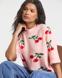 Pink Cherry Print Half Sleeve Knitted Tee
