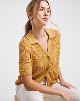Ochre Pointelle Collared Knit Top