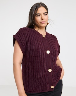 Burgundy Chunky Knit Button Through Vest