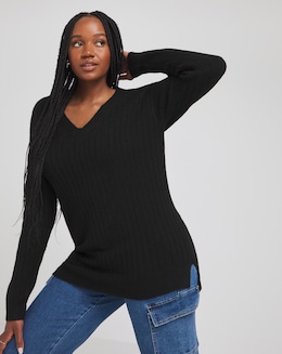 Black Slouchy V Neck Ribbed Longline Jumper