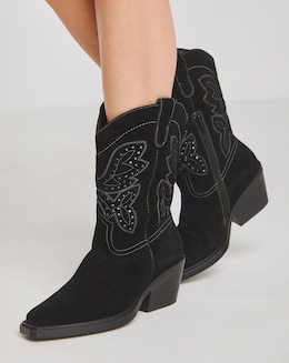 Daytona Punch Detail Suede Western Boots Extra Wide EEE Fit Super Curvy Calf