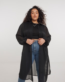 Black Sheer Longline Striped Shirt