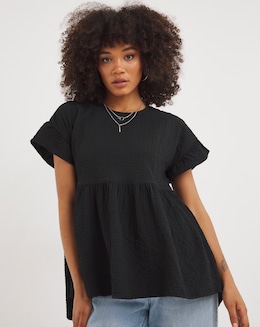 Black Short Sleeve Frill Textured Smock Top