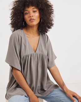 Grey V Neck Smock Top