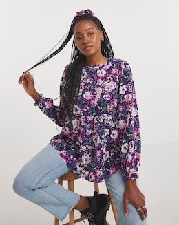Black Floral Print Longline Long Sleeve Smock Blouse With Matching Scrunchie