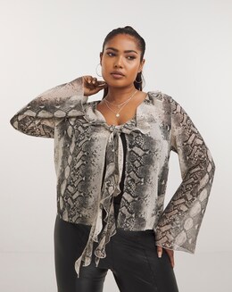 Snake Print Sheer Knot Front Ruffle Blouse