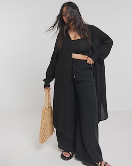 Black Longline Crinkle Long Sleeve Shirt