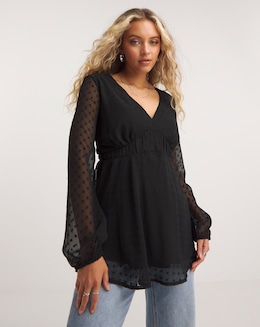 Black Dobby V Neck Ruched Waist Blouse