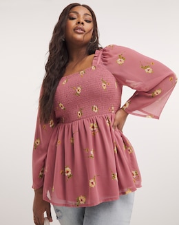 Pink Sheer Angel Sleeve Shirred Peplum Blouse