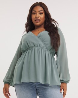 Jade Green Long Sleeve V Neck Blouse