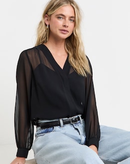 Black Long Sleeve V Neck Sheer Shirt