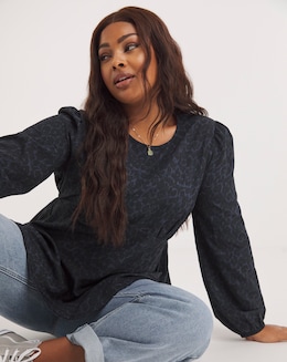 Navy Animal Print Long Sleeve A Line Blouse
