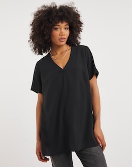 Black V Neck Short Sleeve Boxy Blouse