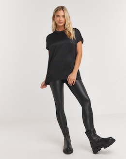 Black Short Sleeve Satin Round Neck Boxy Top